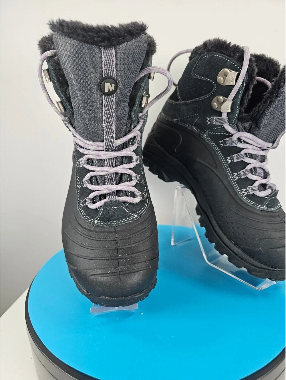 Merrell Women's Winter Waterproof Hiking Boots Black/Gray with Purple Laces